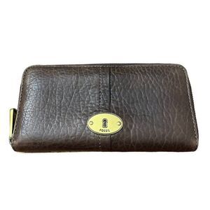 Vintage Fossil Brown Leather Organizer Clutch Wallet Clear ID Zipper Bronze